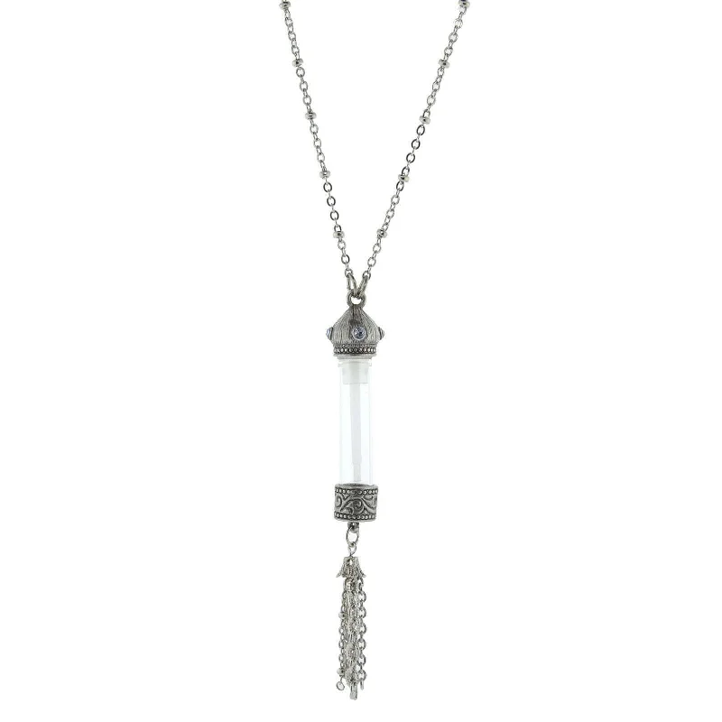 1928 Jewelry Antiqued Blue Crystal Stone Glass Vial Tassel Necklace 30"