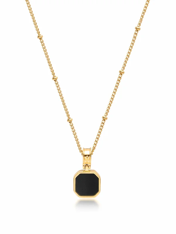 Gold Necklace with Onyx Mini Square Pendant