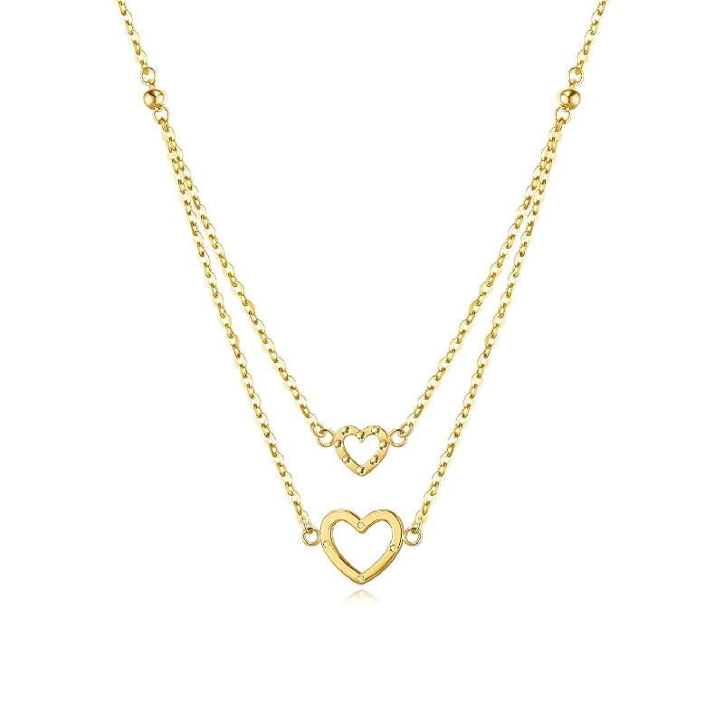 Elegant Diamond Ring FANCIME "Double Love" Two Layers Heart 14K Solid Yellow Gold Necklace