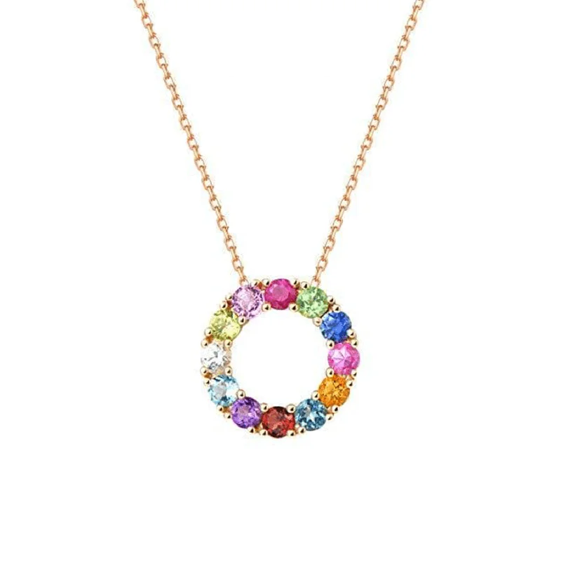 Classic Gold Earrings FANCIME "Magic Circle" Multi Colored Gemstone 14K Yellow Gold Necklace