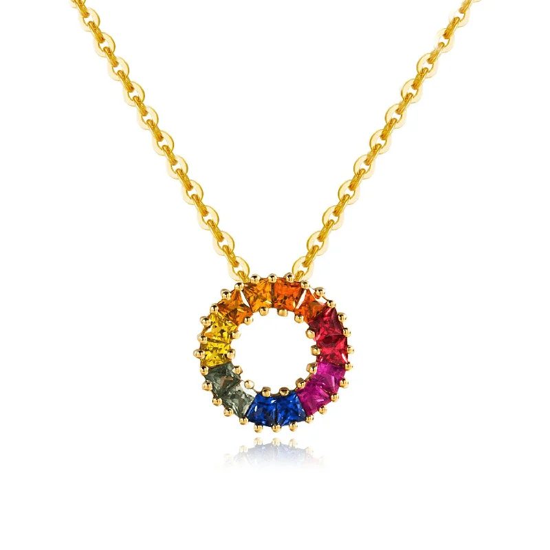 Vintage Gold Necklace FANCIME "Rainbow Ring Mini" Multi Gemstone 18K Yellow Gold Necklace