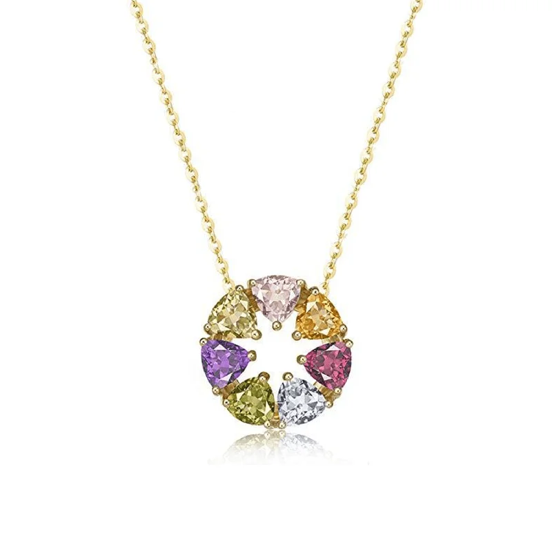 Silver Layered Necklace FANCIME "Rainbow Star Circle" Round Circle 14K Yellow Gold Necklace