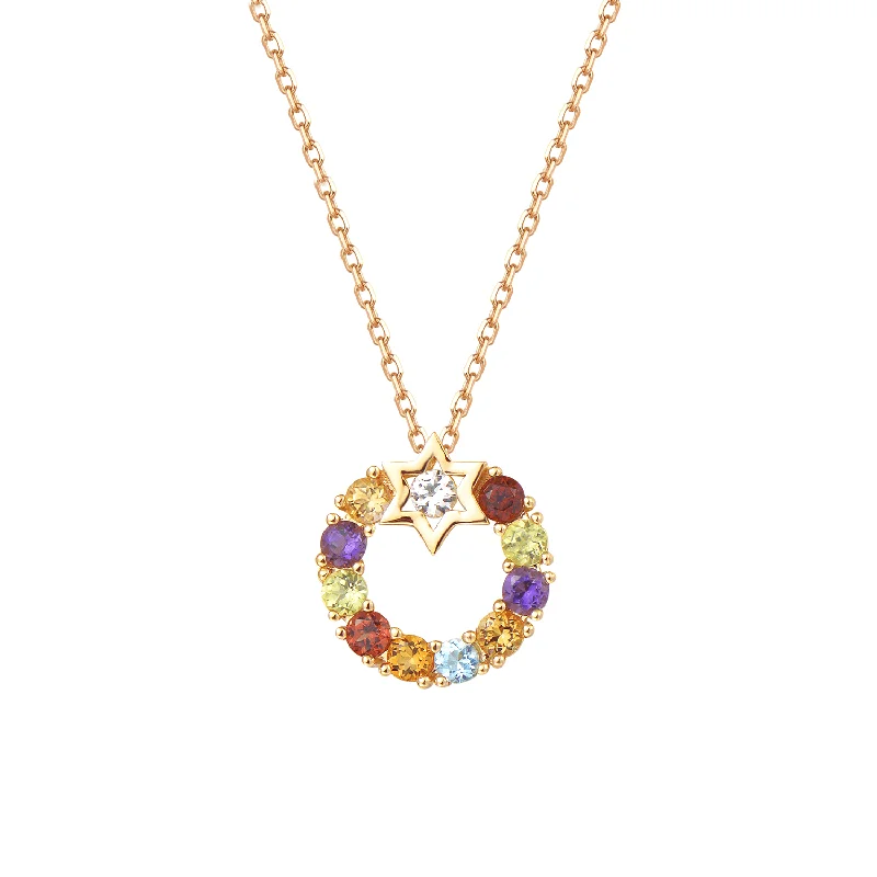 Handmade Charm Bracelet FANCIME "Starry Circle" Multi Gemstone Round 14K Yellow Gold Necklace