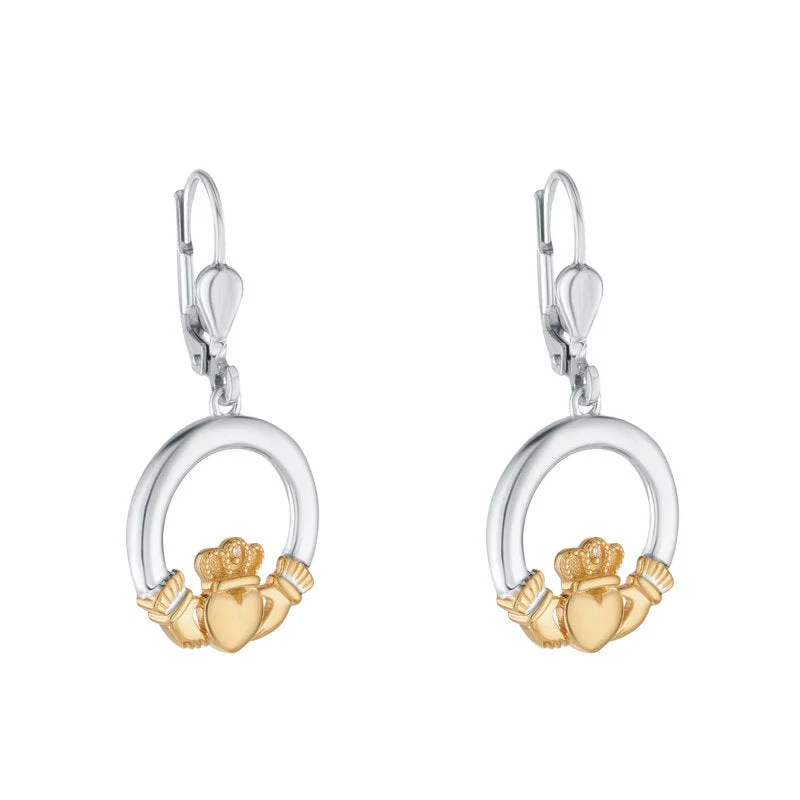 10K Gold Diamond Heart Sterling Silver Claddagh Drop Earrings