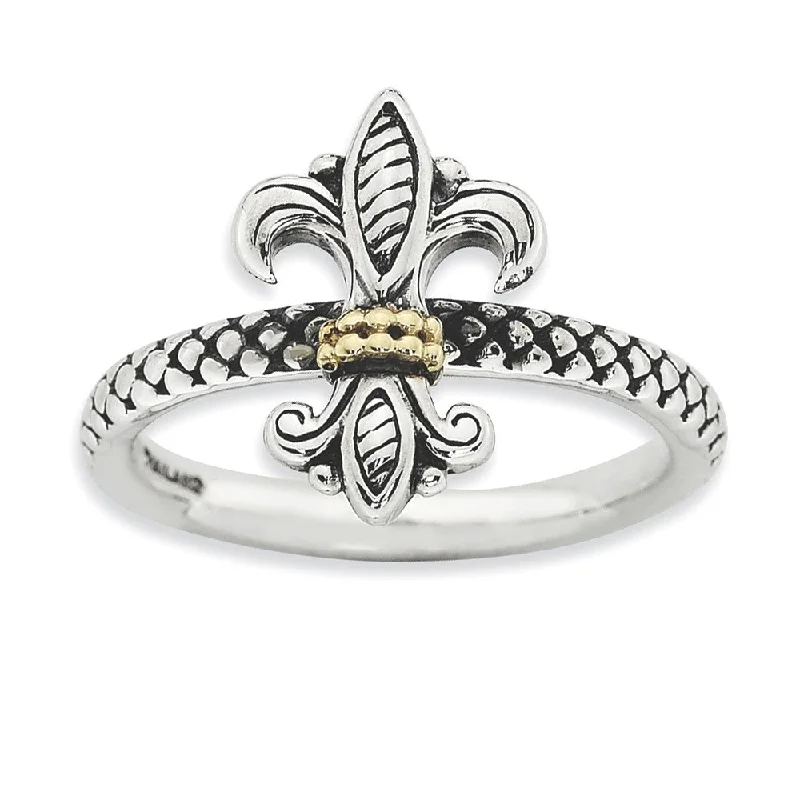 2.5mm Stackable Antiqued Silver & 14K Gold Plated Fleur de lis Ring