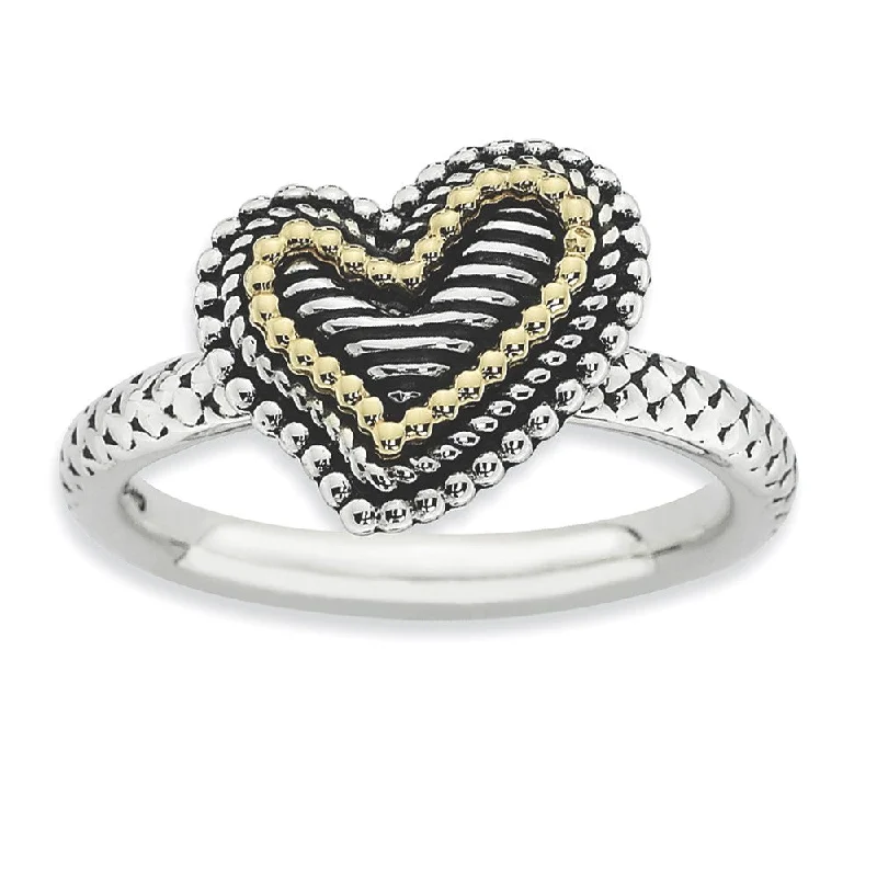 2.5mm Stackable Antiqued Sterling Silver & 14K Gold Plated Heart Ring