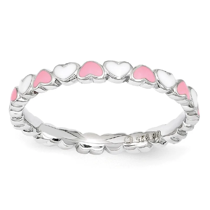 2.5mm Sterling Silver Stackable Pink & White Enamel Heart Band