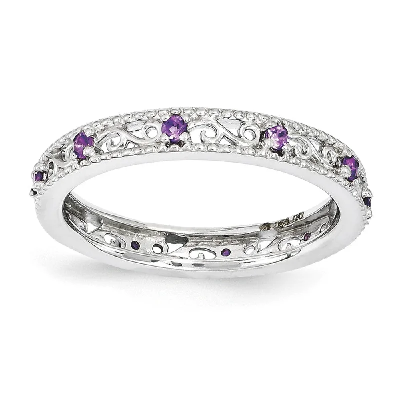 3mm Sterling Silver Stackable Expressions Amethyst Scroll Band