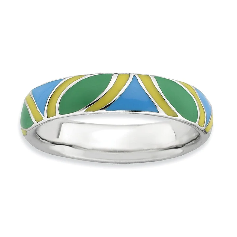 4.5mm Silver Stackable Blue, Green and Yellow Enameled Band