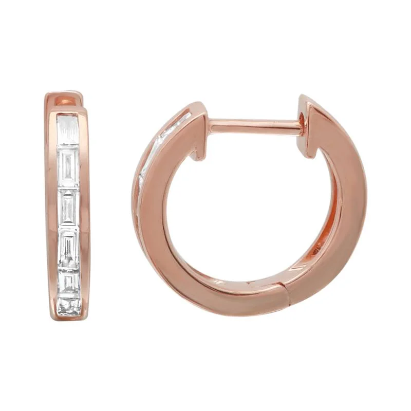 Custom Birthstone Ring 14K Rose Gold Baguette Diamond Single Row Huggie Earring