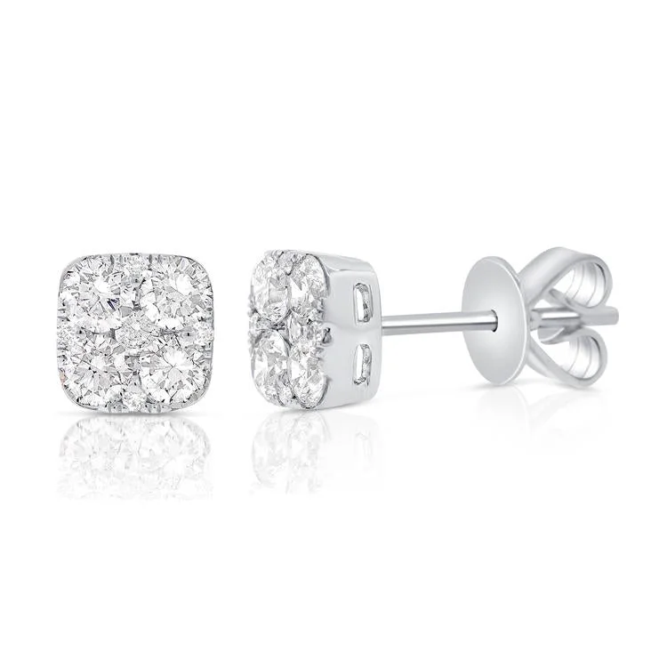 White Gold Hoop Earrings 14K White Gold Diamond Cluster Earrings