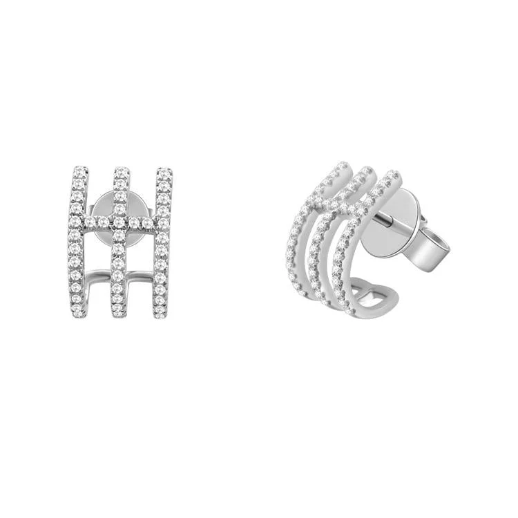 Trendy Stacking Rings 14K White Gold Diamond Triple Row Caged Huggie Earring