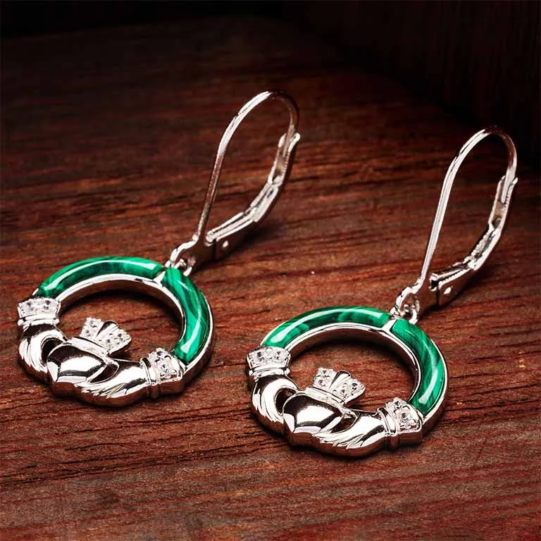 Green Malachite Sterling Silver Claddagh Drop Earrings