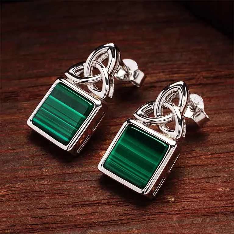 Green Malachite Trinity Knot Sterling Silver Earrings