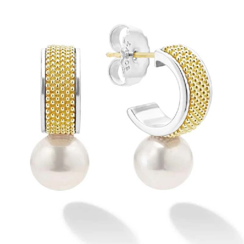 Round Cut Diamond Lagos Luna Two-Tone Pearl Hoop Earrings