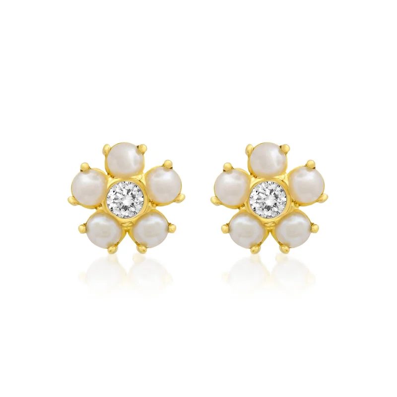 Minimalist Stackable Rings Large Pearl Flower Studs with Diamond Center