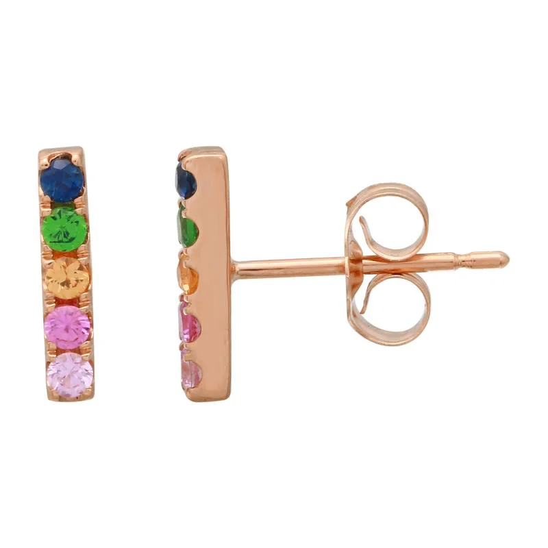 Three-Stone Diamond Ring 14K Rose Gold Rainbow Bar Earrings