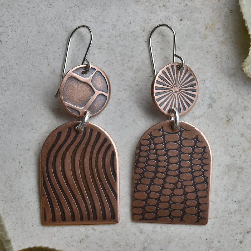 Shield & Circle Copper Drop Earrings