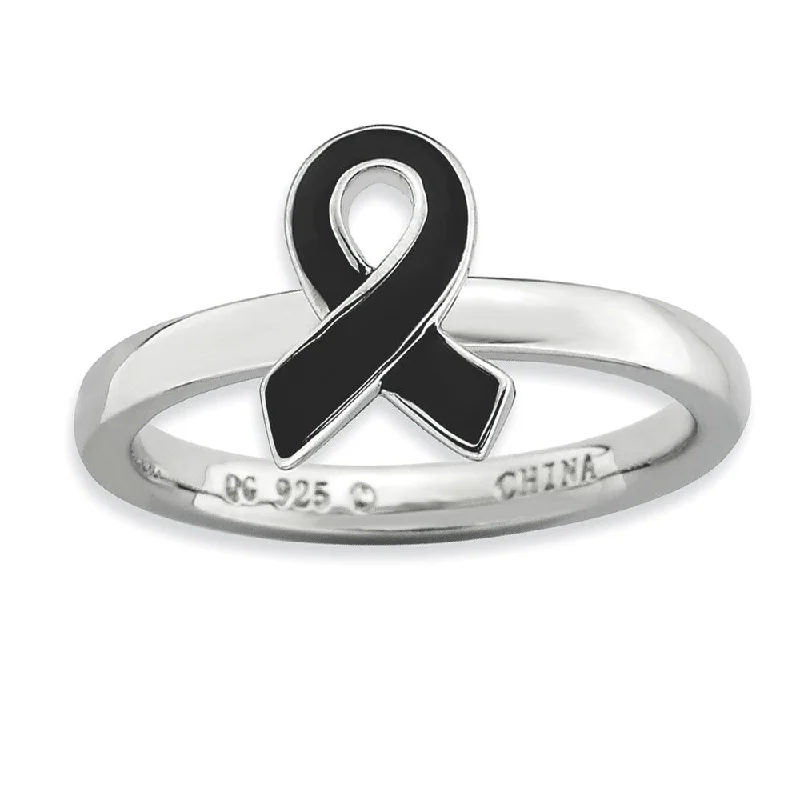 Silver Stackable Black Enamel Awareness Ribbon Ring