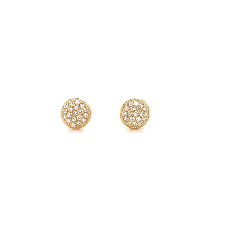 Luxury Gemstone Earrings 14K Yellow Gold Small Puffed Miligrain Diamond Disc Earrings