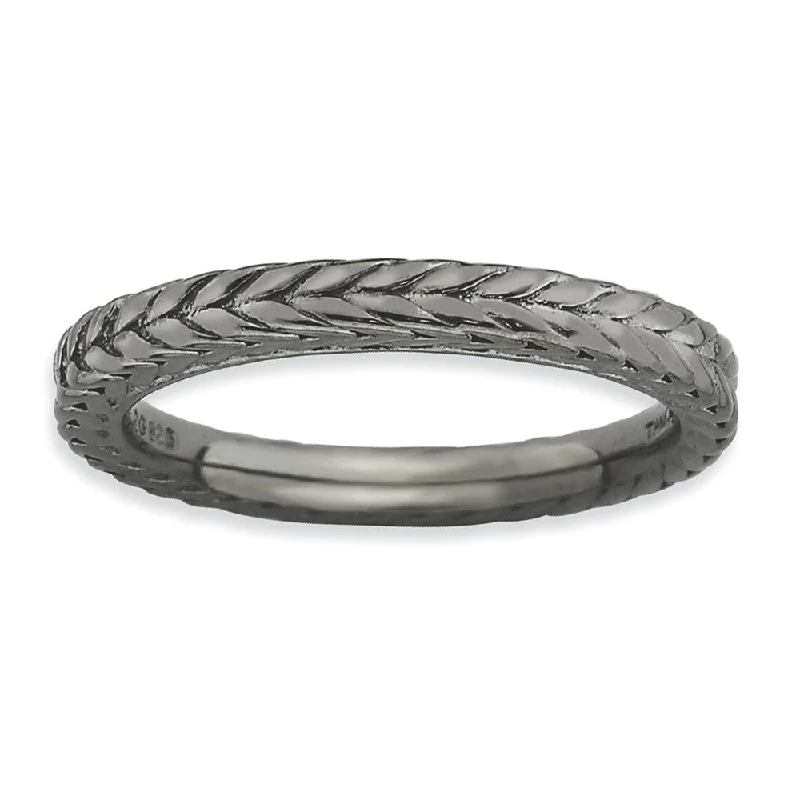 Stackable Black Plated Silver Domed Wheat Design Band