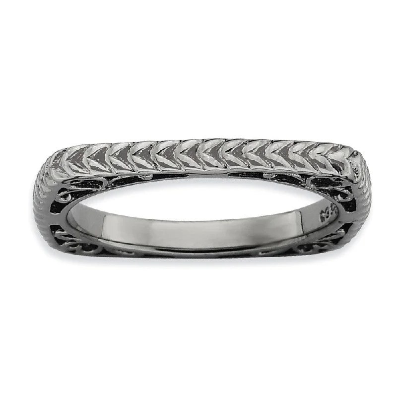 Stackable Black Plated Silver Square Wheat Band