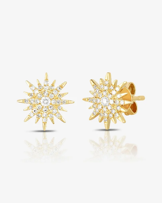 Engraved Gold Ring Starburst Diamond Studs