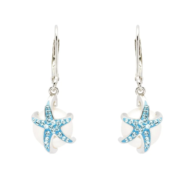 Starfish Drop Pearl Earrings With Aqua Swarovski® Crystals