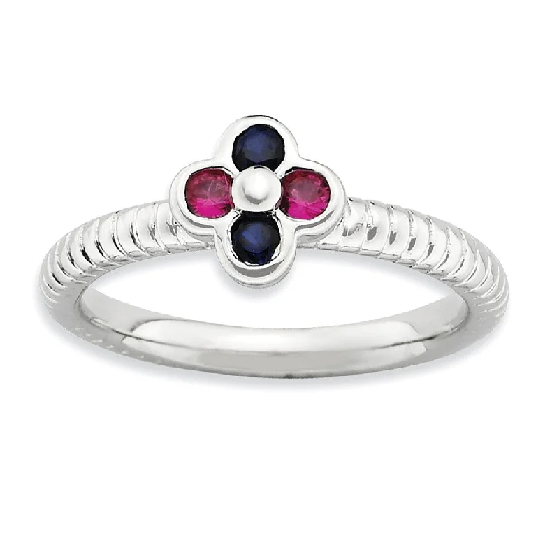 Sterling Silver Created Ruby & Created Sapphire 7mm Flower Stack Ring