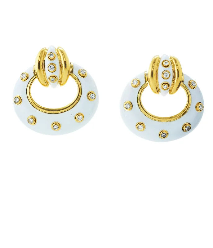 Stud Doorknocker Earrings, White Enamel