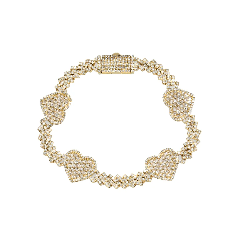 14K GOLD CUBAN HEARTS BRACELET 3.59 CT DIAMONDS