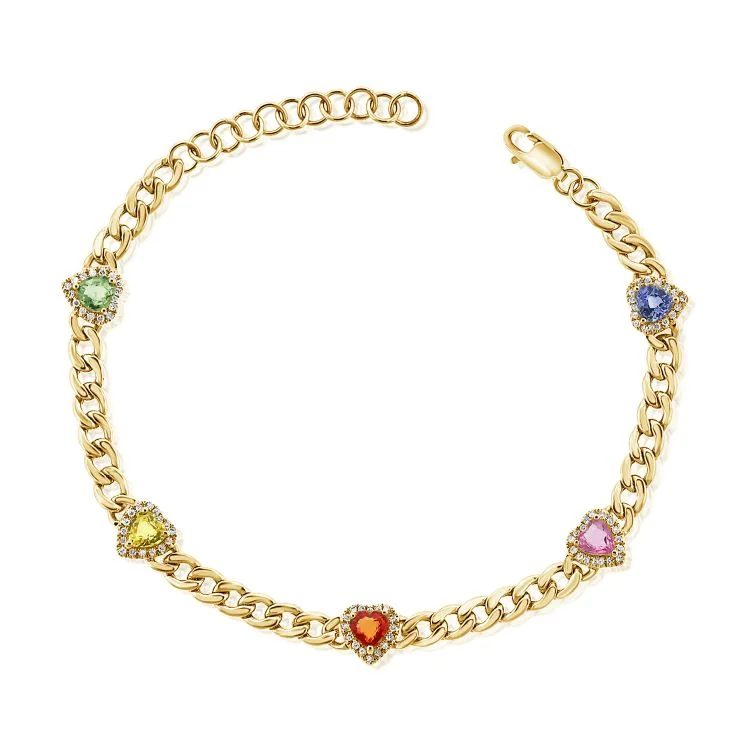 14K GOLD DIAMOND MULTI-COLOR SAPPHIRE SHANA HEART BRACELET