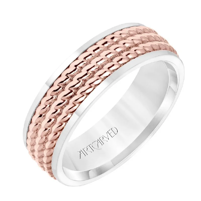 14k Two Toned White Gold with Rose Gold Center Wedding Band Domed Polished Finish Triple Rope Inlay Design Flat Edges- 7 mm