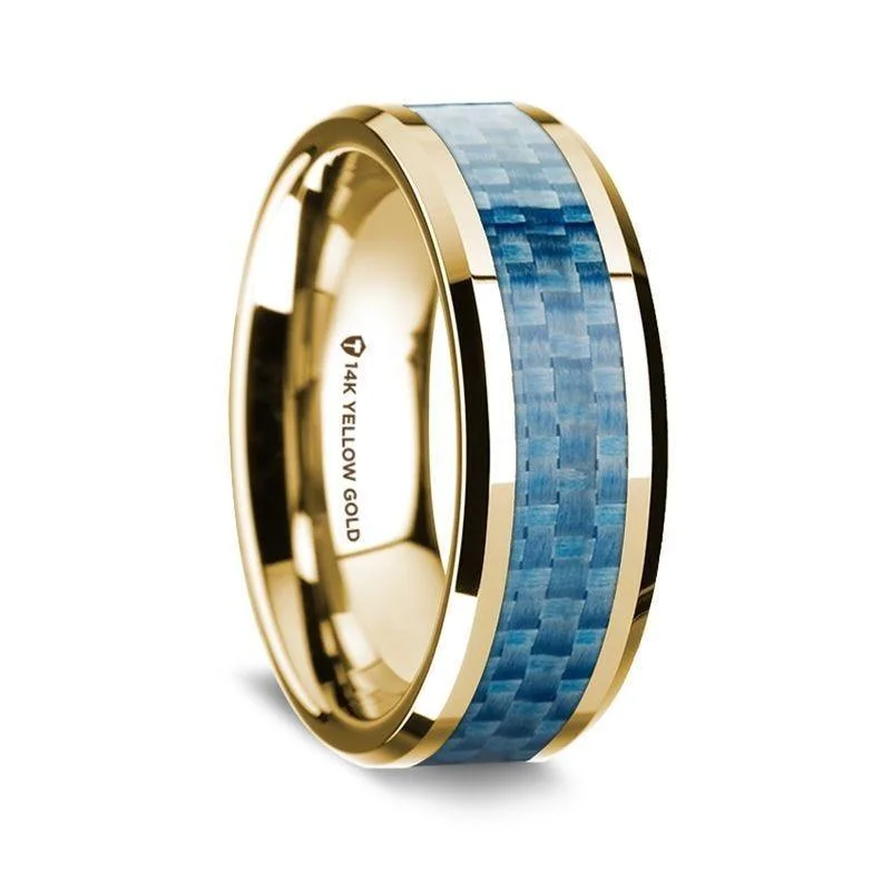 14K Yellow Gold Polished Beveled Edges Wedding Ring with Blue Carbon Fiber Inlay - 8mm