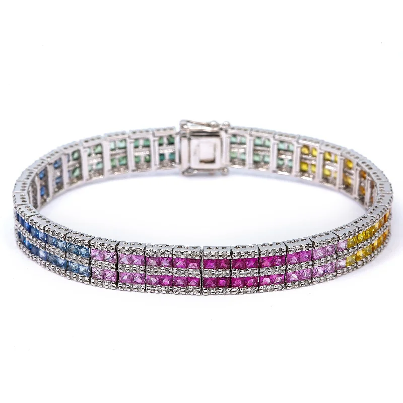 14K WHITE GOLD RAINBOW GEMSTONE BRACELET WITH DIAMONDS AND SAPPHIRE