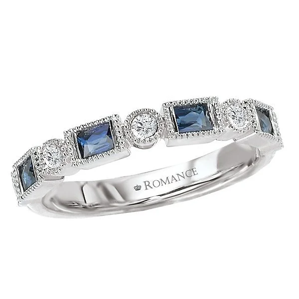 14KT WHITE GOLD 1/2 CTW SAPPHIRE & 1/10 CTW DIAMOND MILGRAIN BAND