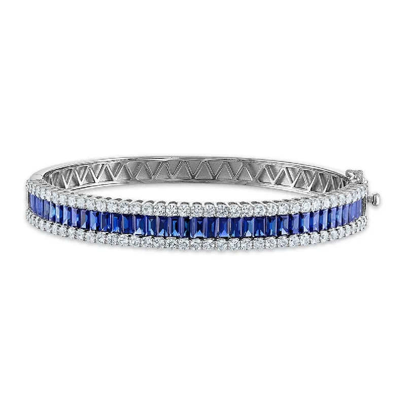 4X2MM Baguette Blue Sapphire and White Sapphire Bangle 7-inch Bracelet in Sterling Silver