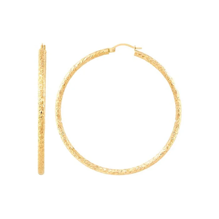 White Gold Hoop Earrings Mountz Collection Diamond Cut 3mm x 60mm Round Tube Hoop Earrings in 14K Yellow Gold