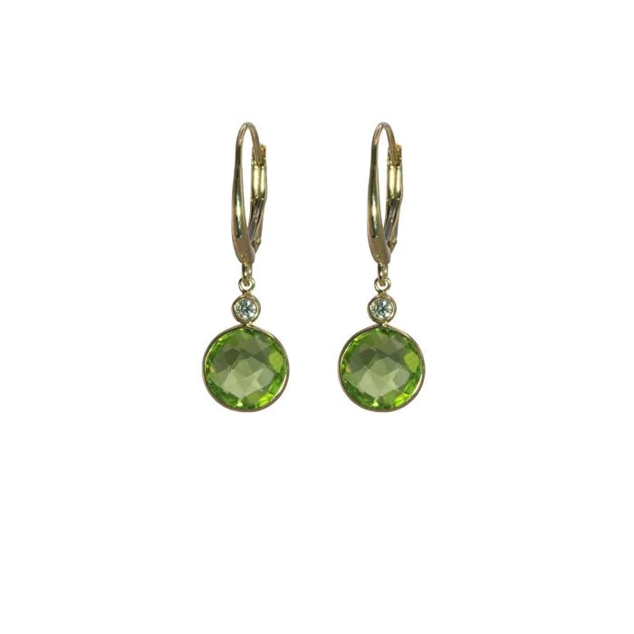 Luxury Gemstone Earrings Mountz Collection Round Drop Peridot Earrings with Diamond Detail in 14K Yellow Gold