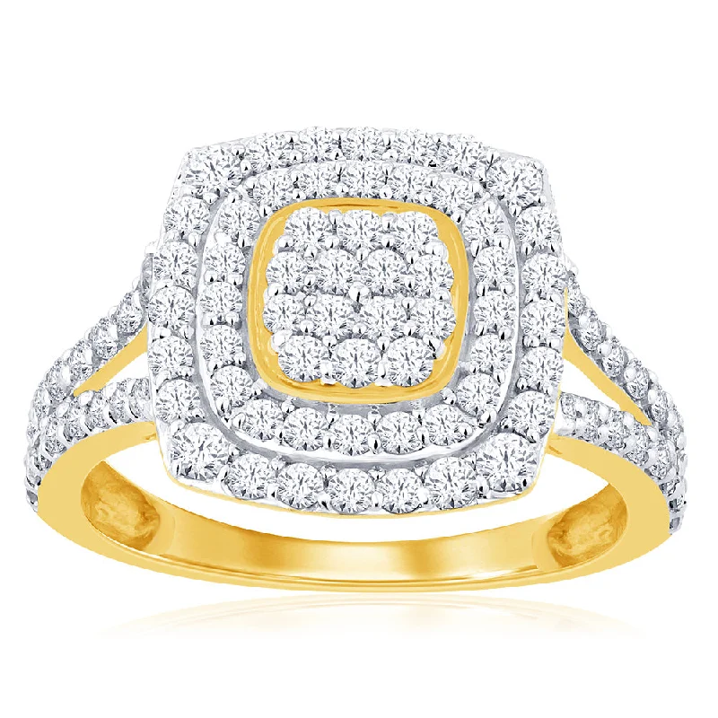 9ct Yellow Gold 1 Carat Diamond Cushion Shape Cluster Ring