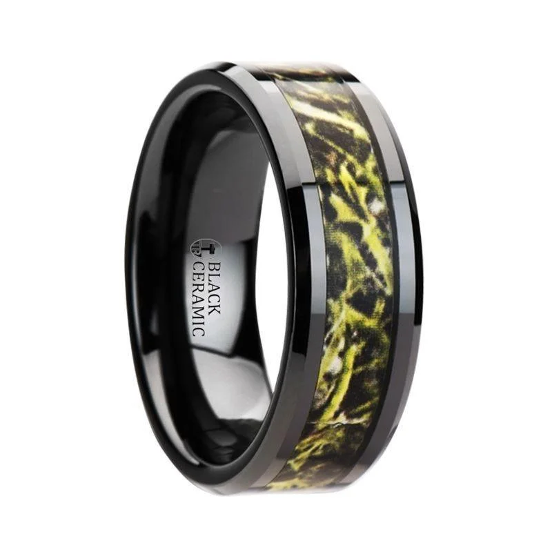 EVERGLADE Black Ceramic Wedding Band with Green Marsh Camo Inlay - 8mm