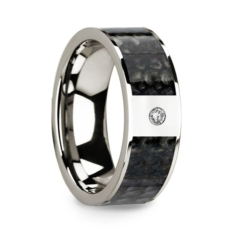 Flat 14k White Gold Ring with Blue Dinosaur Bone Inlay & White Diamond Setting - 8mm