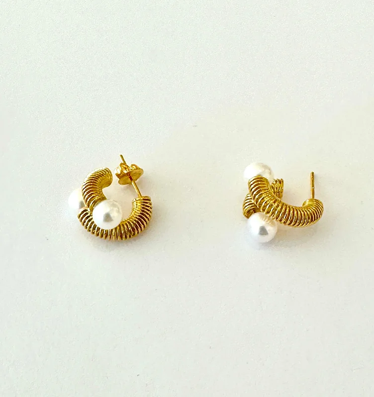 White Gold Chain 18K Yellow Gold Double-pearl Earrings