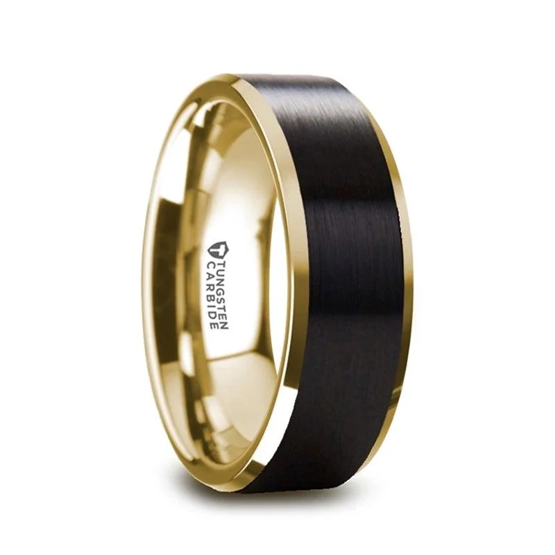 GASTON Men's Gold Plated Tungsten Polished Beveled Brushed Black Center - 8mm