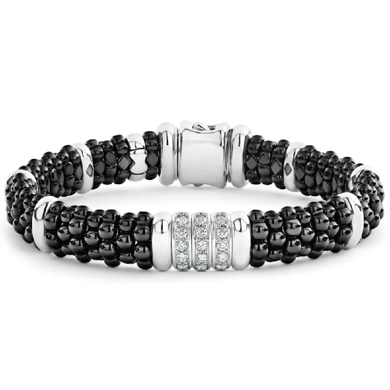 Lagos Black Caviar Three Station Ceramic Diamond Bracelet, 9mm