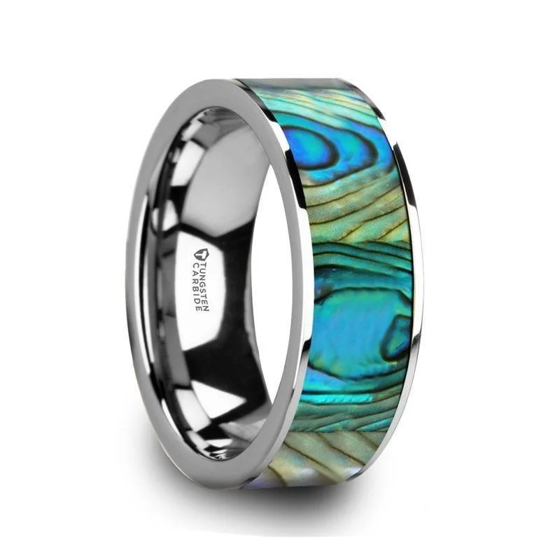 LAURANT Tungsten Men’s Flat Wedding Band with Mother of Pearl Inlay & Polished Finish - 8mm