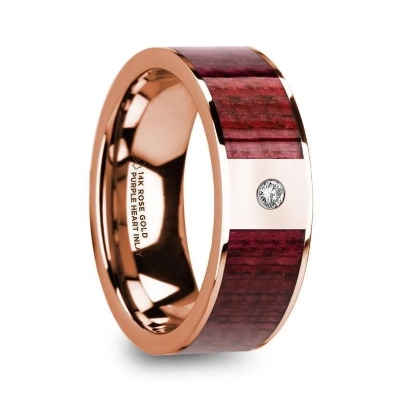 ORESTES Men’s Polished 14k Rose Gold Wedding Band with Purpleheart Wood Inlay & Diamond - 8mm