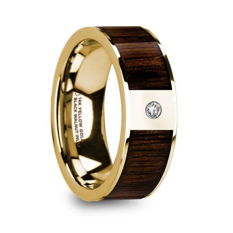 PANTHERAS Polished 14k Yellow Gold Men’s Wedding Band with Black Walnut Inlay & Diamond - 8mm