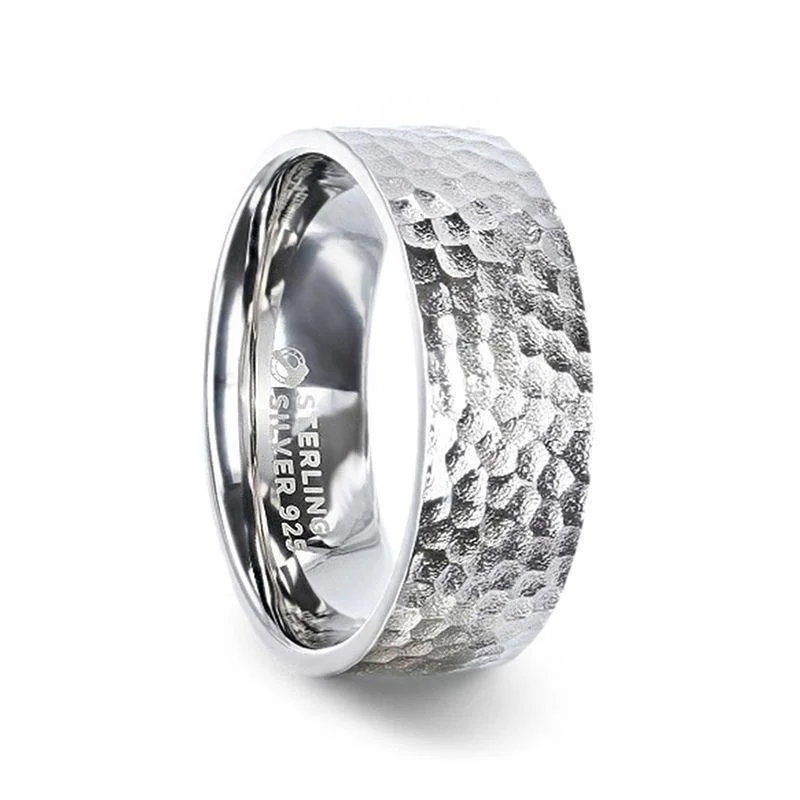 SILVERADO Silver Hammered Finish Flat Style Wedding Band - 4mm & 8mm