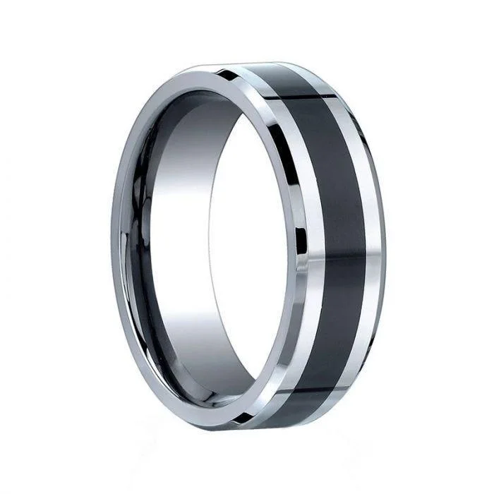 VENATOR Benchmark Beveled Tungsten Carbide Ring with Black Ceramic Inlay - 7 mm